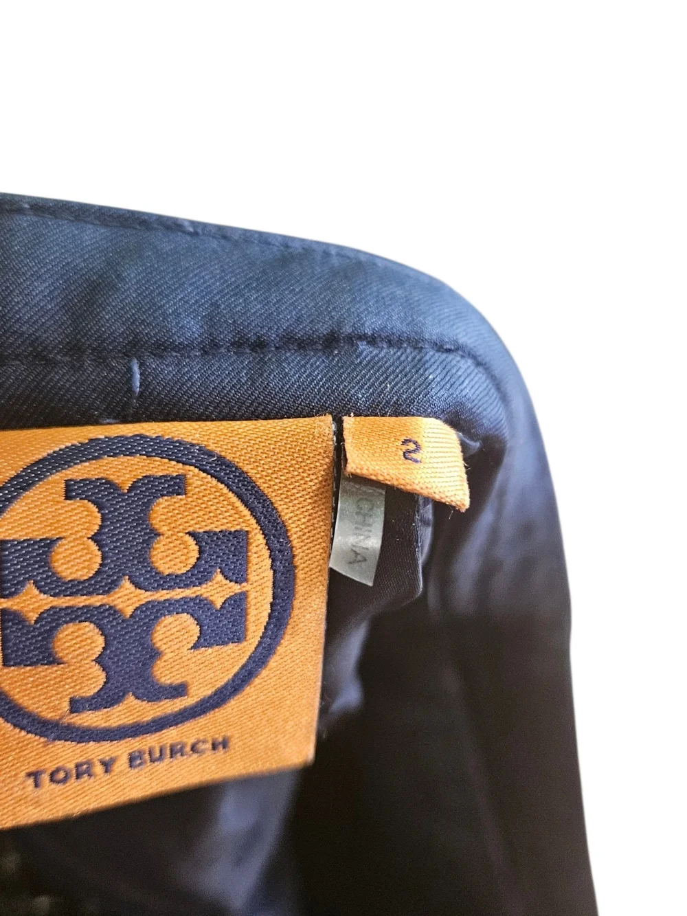 Tory Burch Navy Blue Tweed Mini Skirt Size 2 Textured Silk Trim Pocket Detail